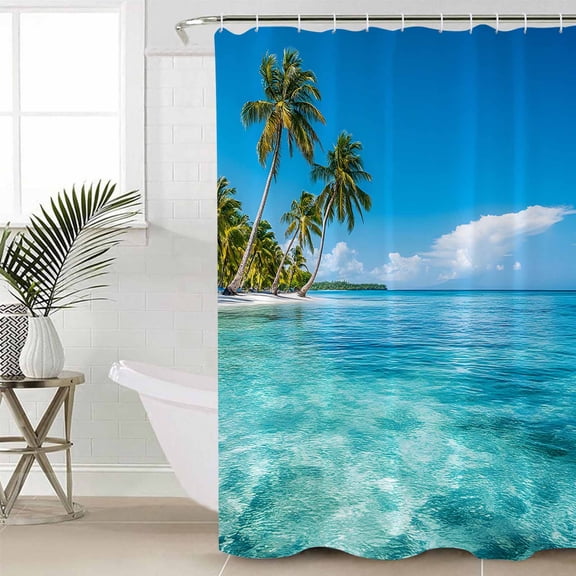 Ocean Sea Long Shower Curtain Set, Waterproof Shower Curtains for Bathroom, Summer Palm Trees Blue Sky Beach Tropical Washable Fabric Cloth Bath Curtain for Bathtub Decoration with Hooks 72x84 Inches
