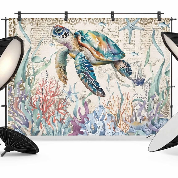 Ocean Sea Photography Backdrop 10x8FT, Turtle Coral Seagrass Retro Nautical Background Photo Backdrops, Background for Photography Studio Photo Studio Background, Back Drop for Photoshoot