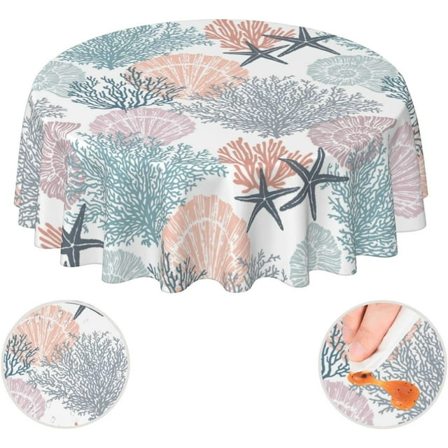 Ocean Sea Shell Starfish Coral Coastal Nautical Round Tablecloth 