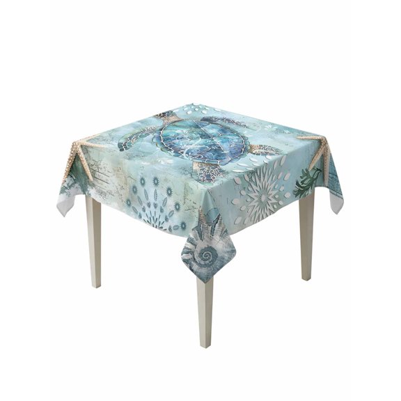Ocean Sea Table Cloth 54x54 Inch Square, Turtle Starfish Undersea Nautical Vintage Blue Waterproof Tablecloth Washable Table Cover for Party Picnic Dinner Decor