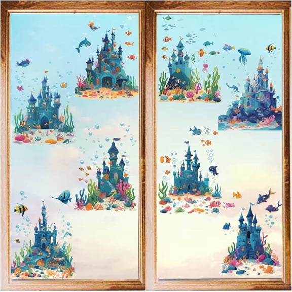 Ocean Sea Theme Window Clings 8 Sheets PVC Waterproof Stickers Self Adhesive Castle Summer Whale Fish Jellyfish Octopus Coral Marine Glass Windows Decals for DIY Home Bathroom Kitchen Decoration