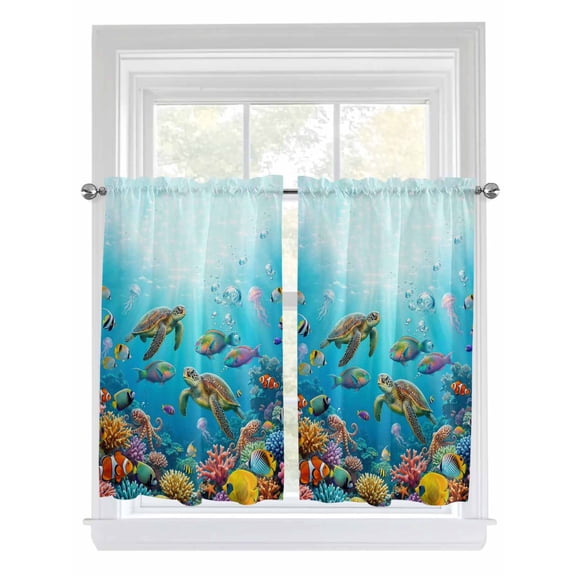 Ocean Sea Turtle 2 Panel Kitchen Curtains for Windows, Blue Coastal Fish Coral Jellyfish Marine Life Bathroom Privacy Curtain, Home Décor Window Treatment for Bedroom/Living Room 55"x45"