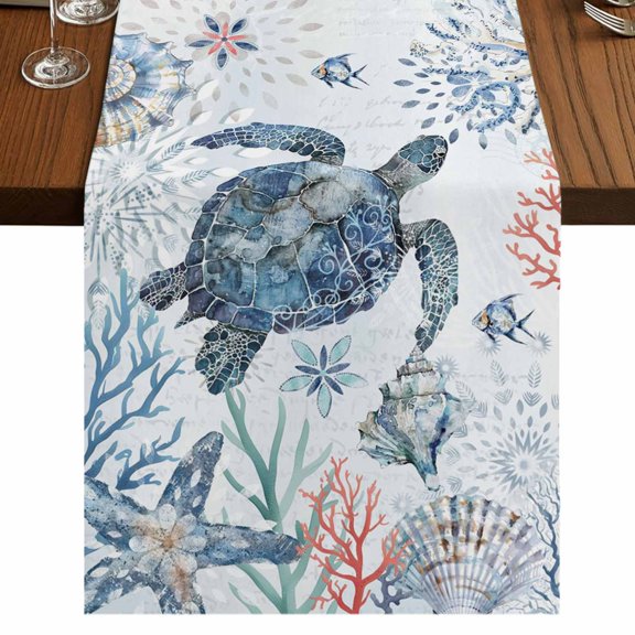 Ocean Sea Turtle 36 Inch Table Runner, Summer Coastal Coral Flower Shells Farmhouse Dresser Scarf Cotton & Linen Tablerunner for Dining/Kitchen Island/Holiday Party DƩcor Small 13" x 36"