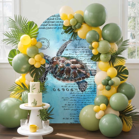 Ocean Sea Turtle Arch Backdrop Cover, 7.2FT, Summer Green Watercolor Retro Spandex Arch Covers Double-Sided Backdrop for Wedding Birthday Party Photo Background Decoration