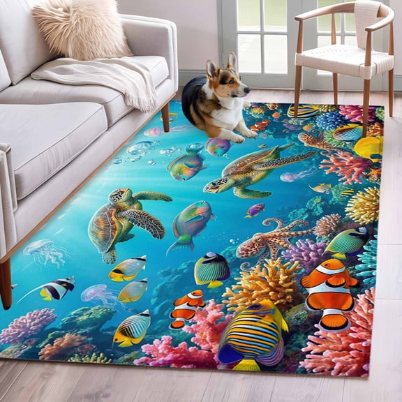 Ocean Sea Turtle Area Rugs 2.7'x5', Small Throw Rugs for Kitchen Bedroom, Blue Coastal Fish Coral Jellyfish Marine Life Indoor Outdoor Rug Non-Slip Low Pile Carpet Runner Reversible Floor Mats