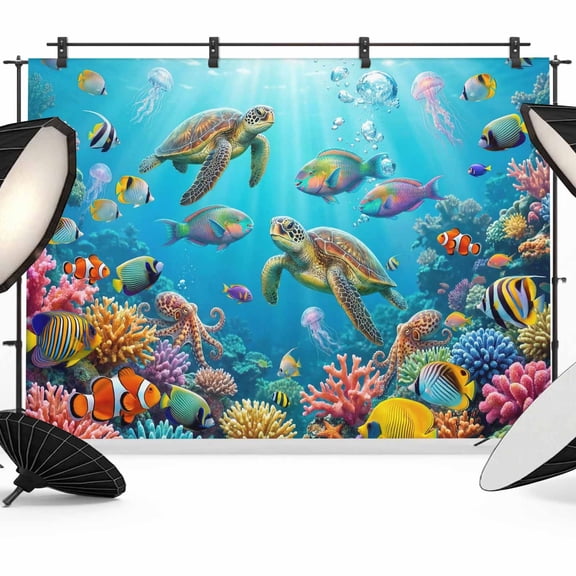 Ocean Sea Turtle Backdrop for Photoshoot,Photography Photo Studio Background Wall Backdrop,Blue Coastal Fish Coral Jellyfish Marine Life Back Drop Banner Panel for Portraits Wedding Party 8x6Ft