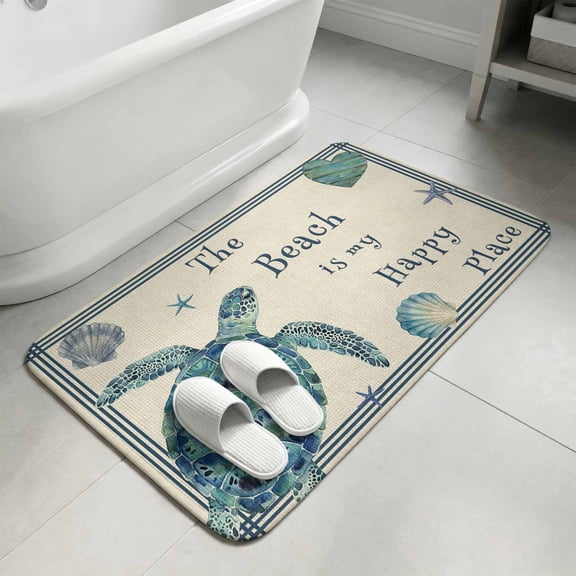 Ocean Sea Turtle Bathroom Rugs Non Slip Washable Bath Mat Absorbent Front Door Mat Summer Coastal Shells Starfish Wooden Beige Indoor Doormat for Kitchen Entryway Shower Decor Accessories 15.7"x23.6"