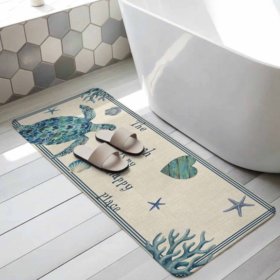 Ocean Sea Turtle Bathroom Runner Rugs Non Slip Washable Absorbent Narrow Long Bath Mat Summer Coastal Shells Starfish Wooden Beige Runner Rugs for Kitchen Hallway Bedroom Laundry 15.7"x47.2"