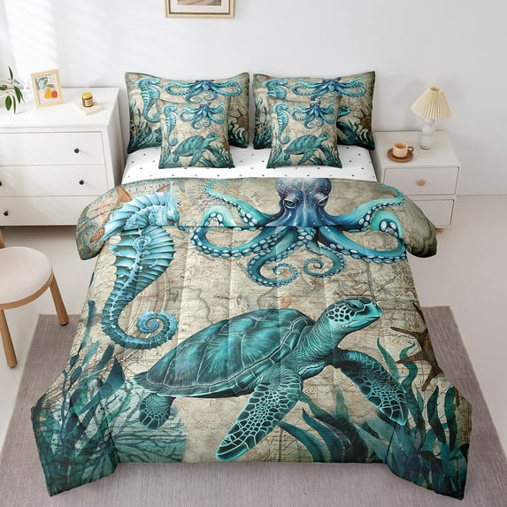 Ocean Sea Turtle Bedding Comforter Sets 7pcs Marine Animal Bed in a Bag, Vintage Teal Brown King Bedding Sets Wild Reptile Wildlife Comforter Set, Octopus Seahorse Bedding Sets & Collections