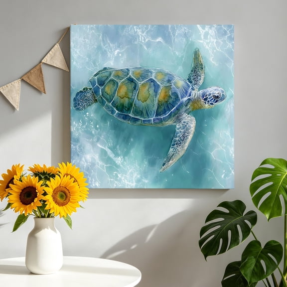 Ocean Sea Turtle Canvas Wall Art Framed Wall Decor for Living Room Bedroom Bathroom, Coastal Animals Tropical Nautical Canvas Pictures Ready to Hang Decor, 8"x8"