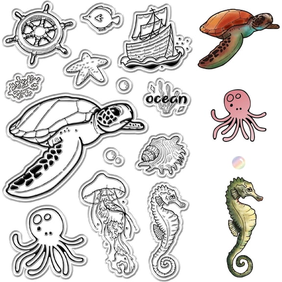 Ocean Sea Turtle Clear Stamps Marine Organism Animals Jellyfish Seahorses Starfish Octopus Boats Retro Transparent Silicone Stamp Seals for Journaling Card DIY Scrapbooking Photo Album diy