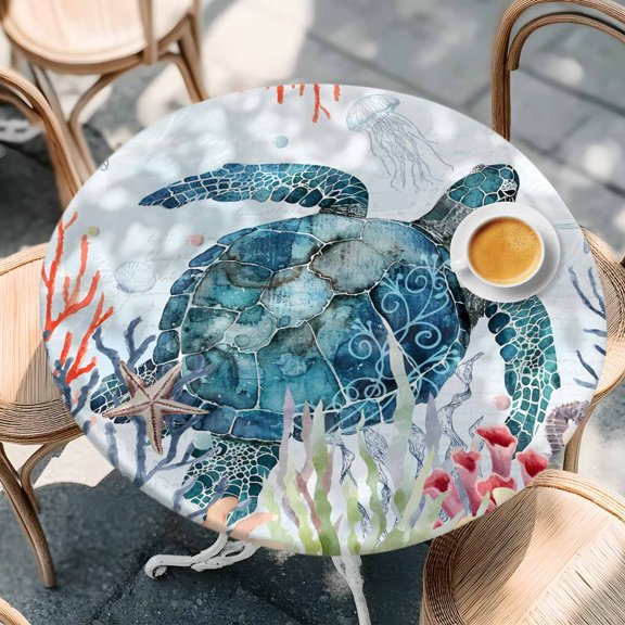 Ocean Sea Turtle Coral Seaweed Round Fitted Tablecloth with Elastic Edge,Waterproof Table Cloth Fits Tables Up to 36"-44",Wipeable Washable Table Cover for Indoor Outdoor,Watercolor Marine Life