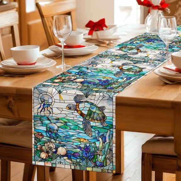 Ocean Sea Turtle Coral Underwater World Table Runner 36 Inches Long,Kitchen Dining Tablerunners Vintage Window Grilles Linen Table Runners Dresser Scarves for Home Dinner Wedding Holiday Party Decor