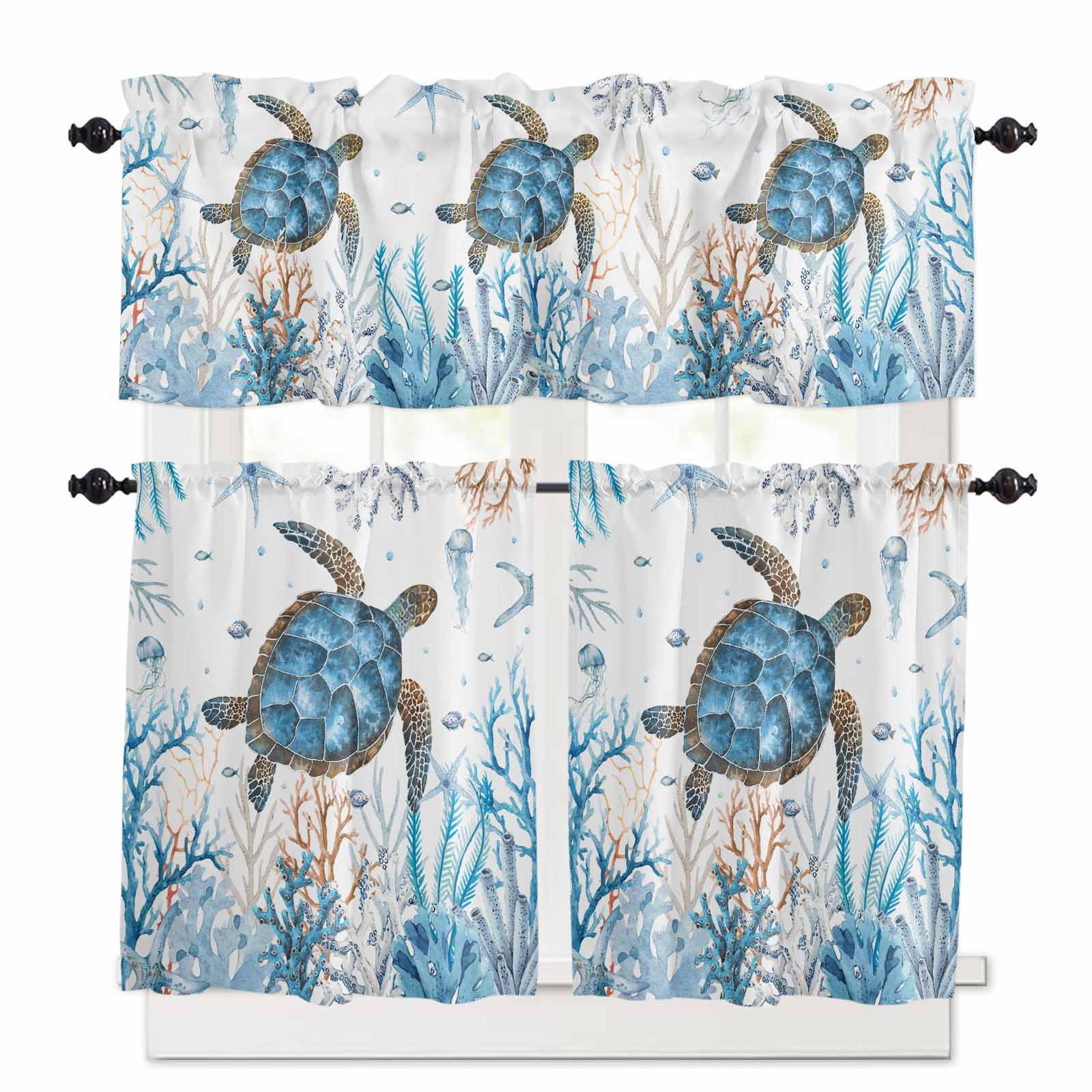 Ocean Sea Turtle Kitchen Curtains and Valances Set, Rod Pocket Curtains