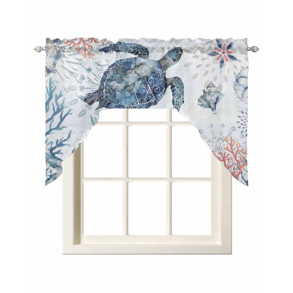 Ocean Sea Turtle Kitchen Swag Valances for Windows, Summer Coastal Coral Flower Shells Swag Valances Curtains for Living Room, Rod Pocket Window Treatments for Bathroom, Bedroom, Cafe, 56"x36"