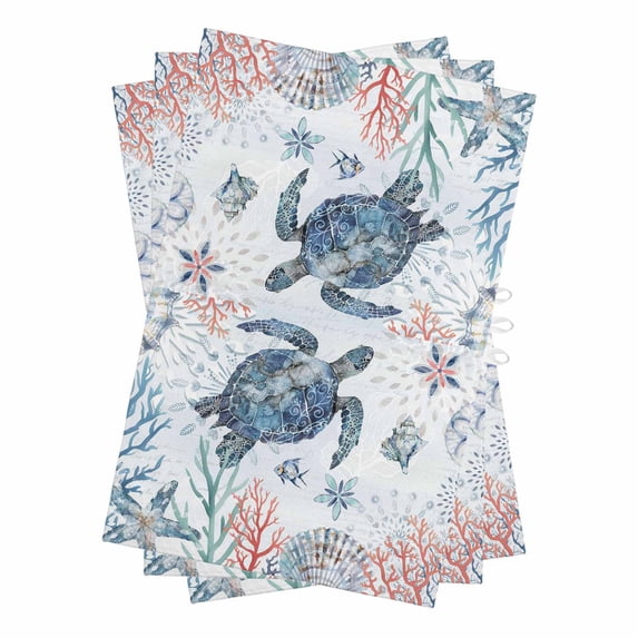 Ocean Sea Turtle Kitchen Towels Set of 3, Water Absorbent Dish Towel, Summer Coastal Coral Flower Shells Decorative Hand Towels - Quick Drying Cloth for Cooking Baking, 18x28 Inch