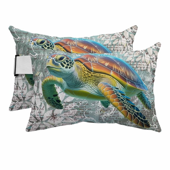 Ocean Sea Turtle Nautical Map Outdoor Pillow for Chaise Lounge Chair,Head Resting&nbsp;Pillow with Insert, Underwater Marine Life Waterproof Lumbar Pillows for Patio Chaise Beach Chair,11"x16" 2 Pack