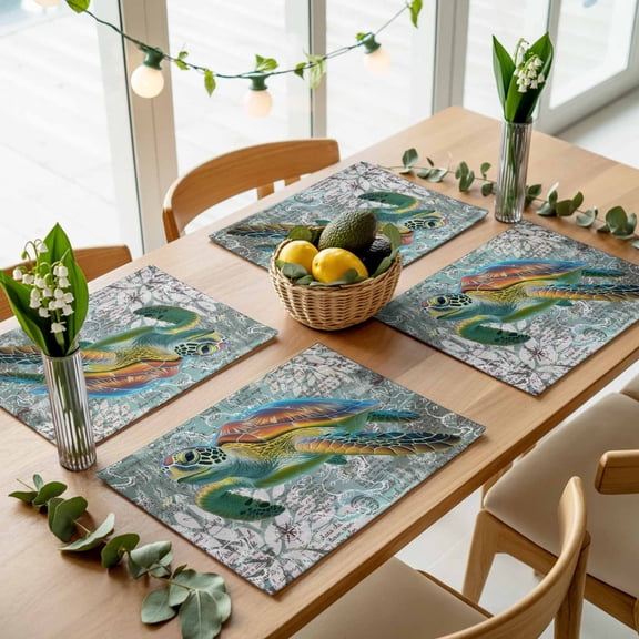 Ocean Sea Turtle Nautical Map Placemats Set of 4,Wipeable Washable Table Mats for Dining Tables, Underwater Marine Life Place Mats for Kitchen Event Party Tabletop Decor