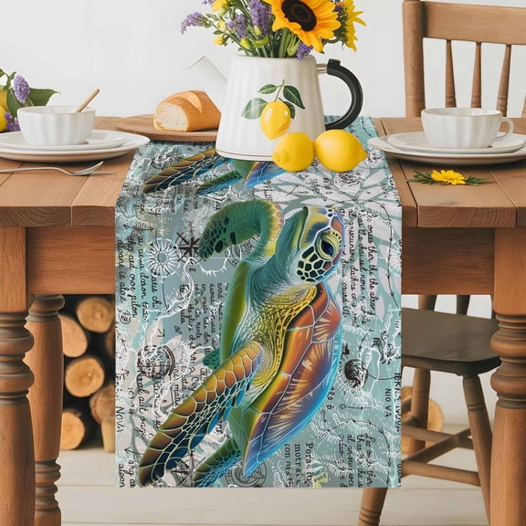 Ocean Sea Turtle Nautical Map Table Runner 36 Inches Long, Underwater Marine Life Table Runners Tabletop Scarf Kitchen Dining Tables Decoration for Home Party Indoor Outdoor