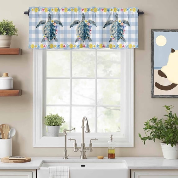 Ocean Sea Turtle Nautical Valances for Windows,Kitchen Valance Rod Pocket Short Curtain, Summer Lemon Blue Plaid Valance Curtain Window Valances for Bedroom Bathroom Living Room 54x18in