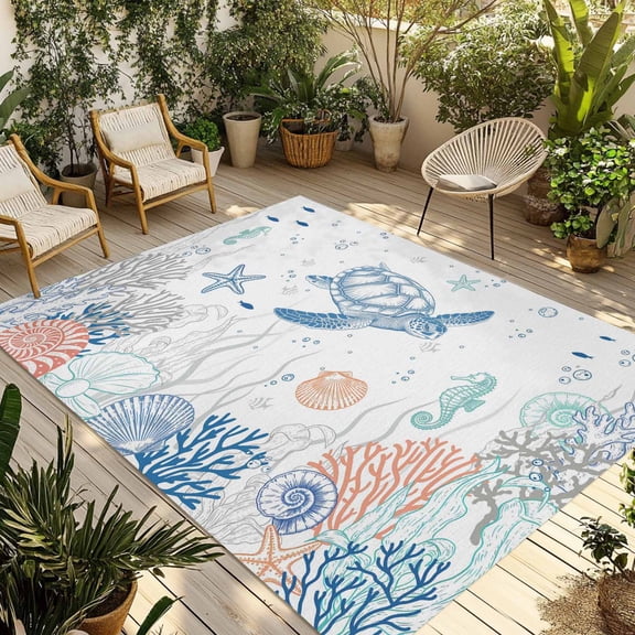 Ocean Sea Turtle Outdoor Rug for Patio/Deck/Porch, Non-Slip Large Area Rug 3 x 5 Ft, Summer Coastal Beach Starfish Corals Indoor Outdoor Rugs Washable Area Rugs, Reversible Camping Rug Carpet Runner