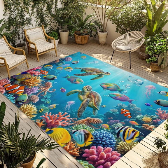 Ocean Sea Turtle Outdoor Rug for Patio/Deck/Porch, Non-Slip Large Area Rug 5 x 7 Ft, Blue Coastal Fish Coral Jellyfish Marine Life Indoor Outdoor Rugs Washable Area Rugs, Camping Rug Carpet Runner
