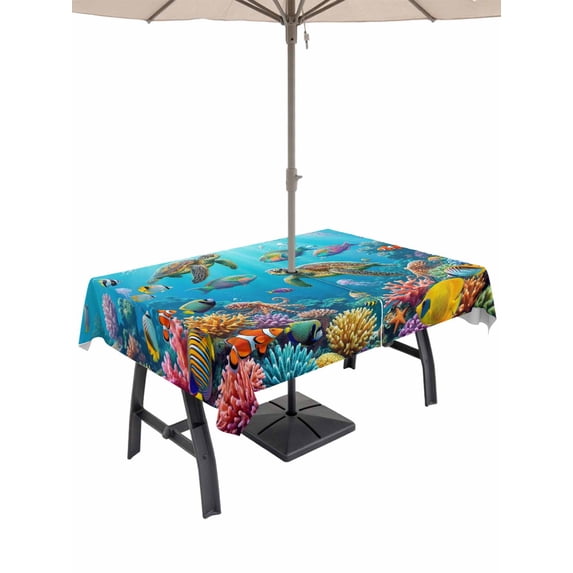Ocean Sea Turtle Outdoor Tablecloth - 54x80 Inch Rectangle Dining Table Cover, Blue Coastal Fish Coral Jellyfish Marine Life Waterproof Outdoor Table Cloth with Umbrella Hole & Zipper for Patio