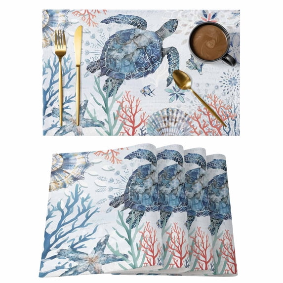 Ocean Sea Turtle Placemats Set of 12, Summer Coastal Coral Flower Shells Placemats for Dining Table, Place Mats for Kitchen Tabletop, Waterproof Wipeable Dining Table Mats Set