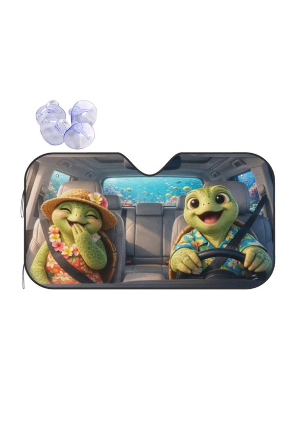 Ocean Sea Turtle Road Trip Car Windshield Sun Shade, Funny Summer Beach Holiday Foldable Front Window Sunvisor Shield Blocks UV Rays Reduces Heat Fits Most Vehicles Auto