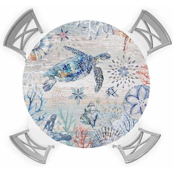 Ocean Sea Turtle Round Tablecloth Fitted Elastic Edged Starfish Coral Shell Conch Table Cover Coastal Blue Sea Turtle Coral Waterproof Table Cloth(Round Tight Fits Table up to 36"-44" Diameter)
