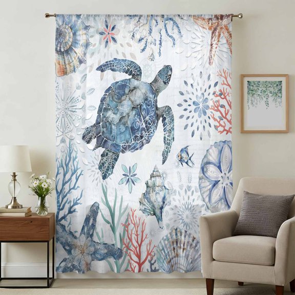 Ocean Sea Turtle Sheer Curtains 45 Inches Long, Summer Coastal Coral Flower Shells Light Filering Curtains, Breathable Simi Curtain Privacy Drapes for Kitchen Bathroom Small Window Treatment