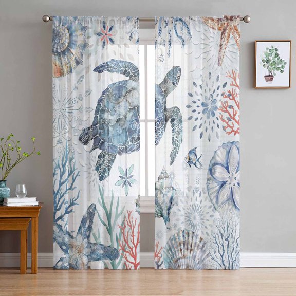 Ocean Sea Turtle Sheer Curtains 72 Inches Long 2 Panels Set, Window Sheer Curtains for Living Room/Bedroom, Summer Coastal Coral Flower Shells Light Filtering Rod Pocket Curtain 52'' x 72'' x 2
