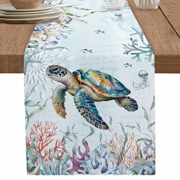 Ocean Sea Turtle Starfish Coral Fish Table Runner-70 Inch Long Underwater World Table Runners Linen Burlap Tablerunner for Kitchen Dining Room Holiday Party