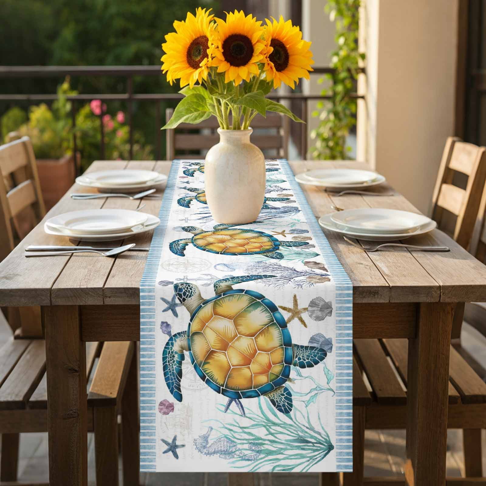 Shell Table Runner Ocean Sea Turtle Starfish Coral Table Runner-70 Inch Long Marine Life ...