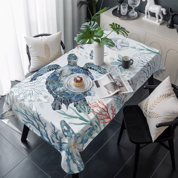 Ocean Sea Turtle Table Cloth Waterproof Tablecloths, Summer Coastal Coral Flower Shells Tablecloth Dining Table Cover for Kitchen Party Tabletop Outdoor, Rectangle Tablecloth 54x108 Inch