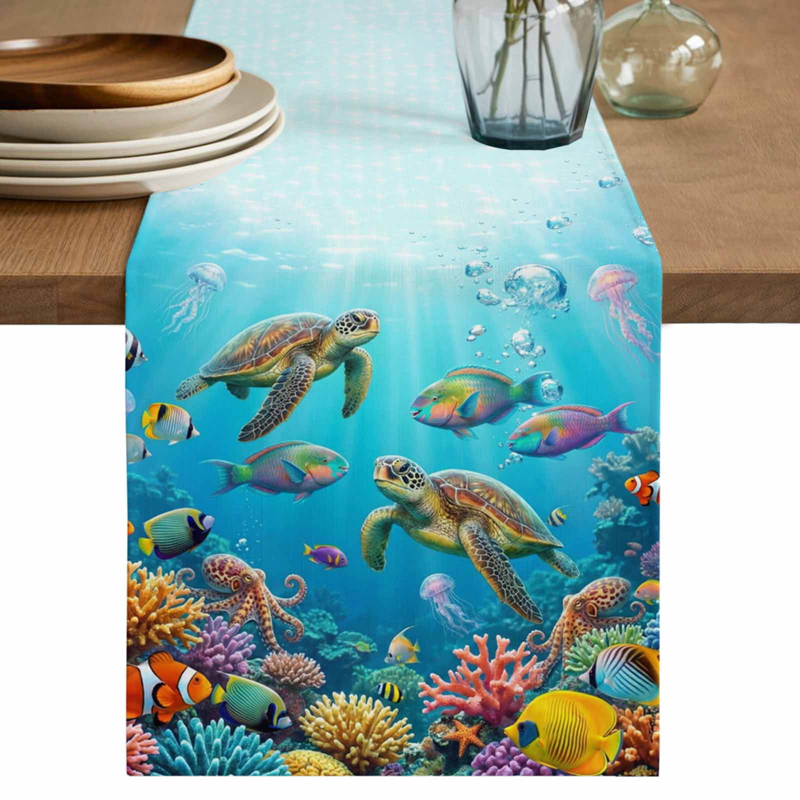 Ocean Sea Turtle Table Runner, Blue Coastal Fish Coral Jellyfish Marine ...