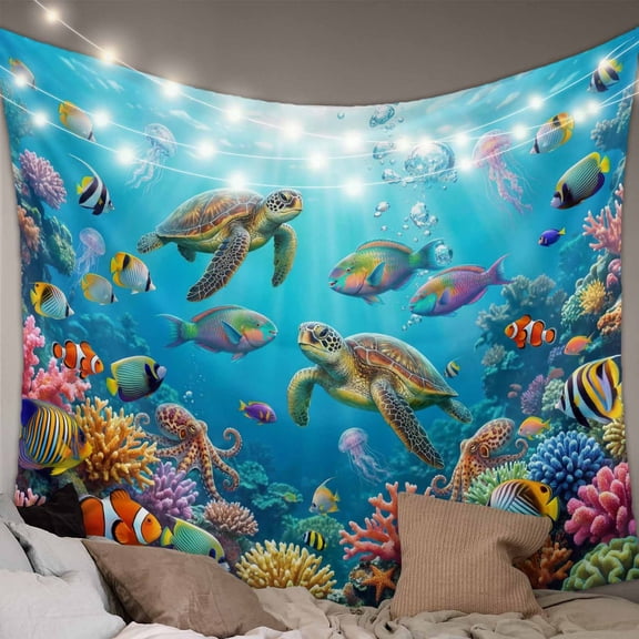 Ocean Sea Turtle Tapestry for Bedroom Wall Hanging Tapestry,Blue Coastal Fish Coral Jellyfish Marine Life Ceiling Backdrop Tapestries Poster Blanket Wall Decor for Teens Room Living Room 59" x 79"