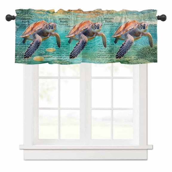 Ocean Sea Turtle Teal Sea Water Curtain Valances,Small Window Treatment for Kitchen Living Room Bathroom Bedroom,42" x 18"