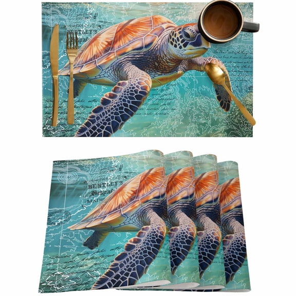 Ocean Sea Turtle Teal Sea Water Placemats Set of 4,Wipeable Washable Table Mats for Dining Tables,Underwater World Marine Life Place Mats for Kitchen Event Party Tabletop Decor