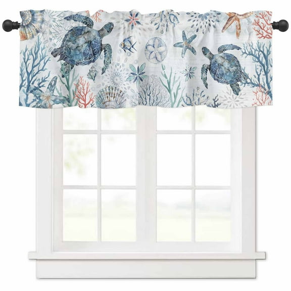 Ocean Sea Turtle Valances for Windows Farmhouse Kitchen Curtains Valances Rod Pocket Valance Curtains for Kitchen Windows Summer Coastal Coral Flower Shells Window Valances for Bathroom 42"x12"