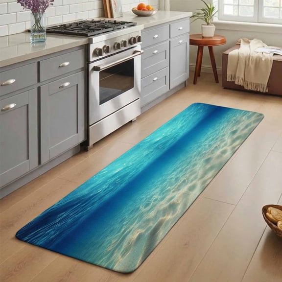 Ocean Sea Washable Runner Rug 2X5 ft Underwater Blue Ombre Waves Seascape Sand Beach Non-Slip Hallway Runner Rug, Linen Kitchen Runner Mats, Indoor Floor Carpet for Entryway Bathroom Bedroom