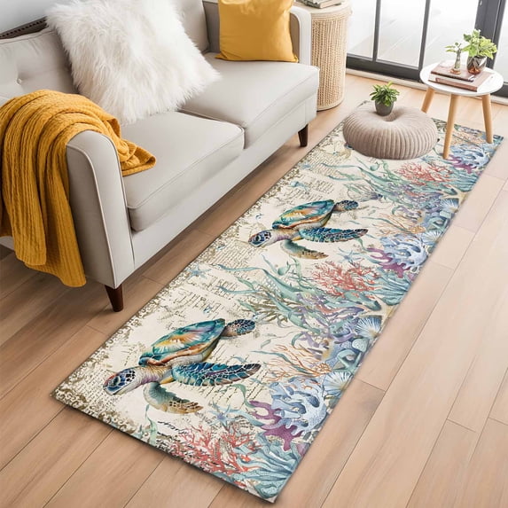 Ocean Sea Washable Runner Rugs 2'x6', Turtle Coral Seagrass Retro Nautical Background Low Pile Throw Entryway Rug Non-Slip Sturdy Edge Binding Carpet for Indoor Bedside Entrance Bedside