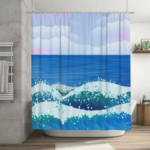 Ocean Sea Waves Pattern Shower Curtain, Blue Beach Waterproof Bath Curtains for Bathroom Decorations, 72 x 72 inches