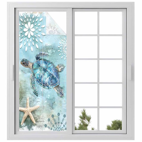 Ocean Sea Window Privacy Film Turtle Starfish Undersea Nautical Vintage Blue Decorative Glass Window Film UV Blocking Static Cling Non-Adhesive Sticker Covering for Home Door 23.6 x 59 inches