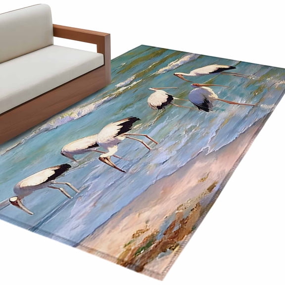 Ocean Seagull Area Rug 4x6 Washable Rug Non Slip Summer Coastal Animal Beach Sky Painting Art Large Area Rug Indoor Floor Carpet for Entryway Bedroom Kitchen Living Room Office Dining Room Nursery
