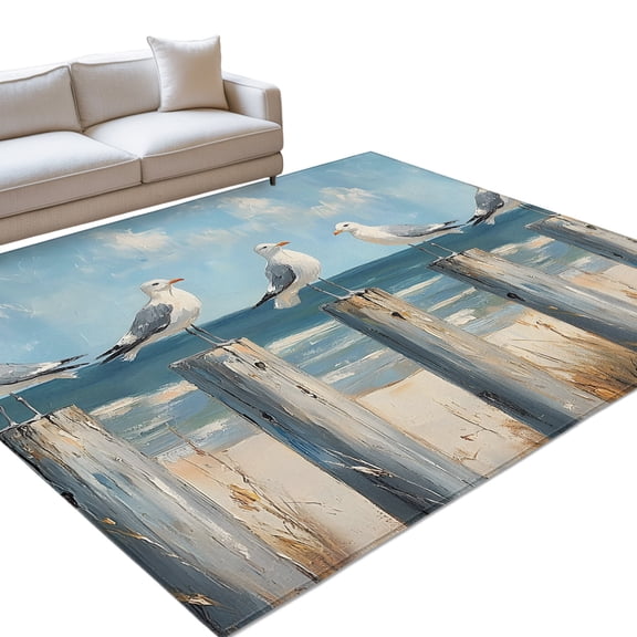 Ocean Seagull Area Rugs 5x7ft Gray Wood Summer Animal Blue Sky Beach Floor Rug Non Slip Low Pile Ultra Soft Throw Carpet for Entryway Indoor Entrance Kitchen Bathroom