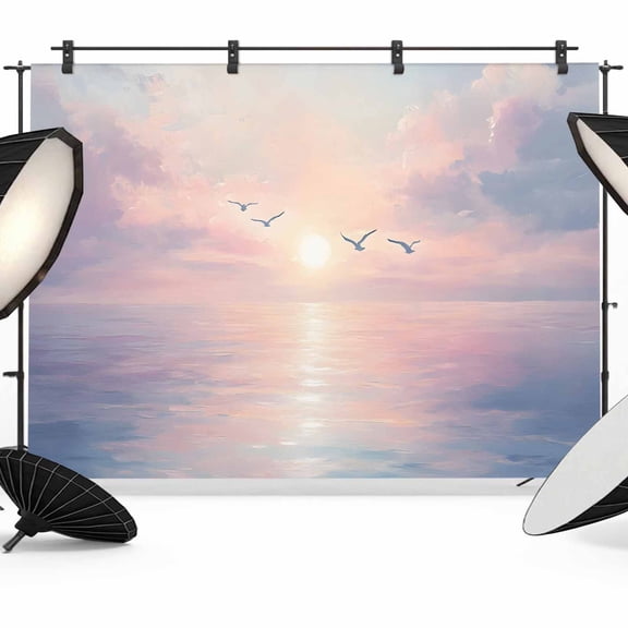 Ocean Seagull Backdrop for Photography,Fabric Photo Background Backdrop,Pink Blue Sunset Clouds Gradient Landscape Photo Booth Background for Portrait Photoshoot Video Wedding Decoration Banner 7x5ft
