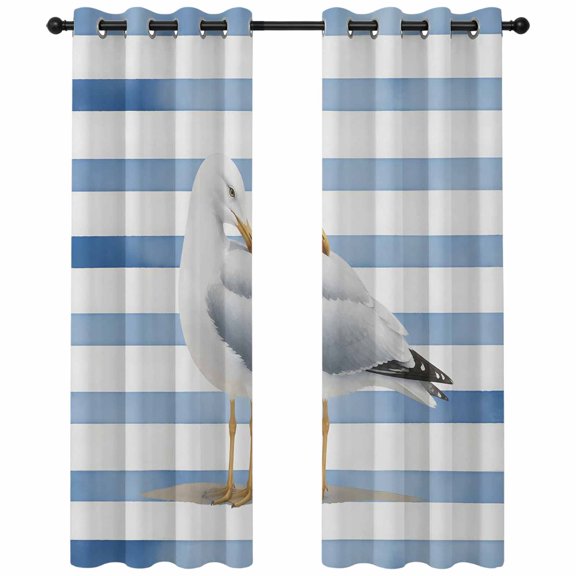 Ocean Seagull Blackout Curtains 63 Inches Long, Coastal Nautical Sea Bird Watercolor Blue Stripes Lines Thermal Insulated Room Darkening Drapes with Grommets for Living Room 42"W x 63"L, 2 Panels