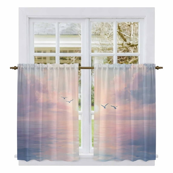 Ocean Seagull Kitchen Curtains, Pink Blue Sunset Clouds Gradient Landscape Light Filtering Window Curtain Panels, 2Pcs Rod Pocket Window Treatments Set for Study Room Bathroom Bedroom 52x54 Inches