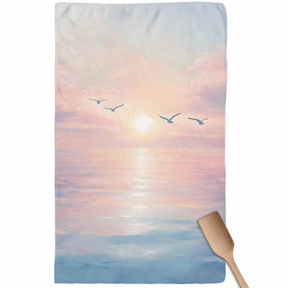 Ocean Seagull Kitchen Towel Dish Cloths Set of 1, Microfiber Soft Kitchen Hand Towels, Pink Blue Sunset Clouds Gradient Landscape Absorbent Quick Drying Dishcloths 18 x 28 Inches